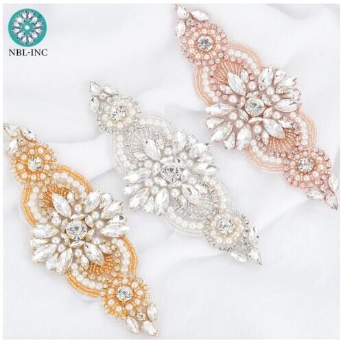 1PC) Silver crystal bridal belt wedding applique gold hand beaded sew on iron on for wedding dress WDD0497