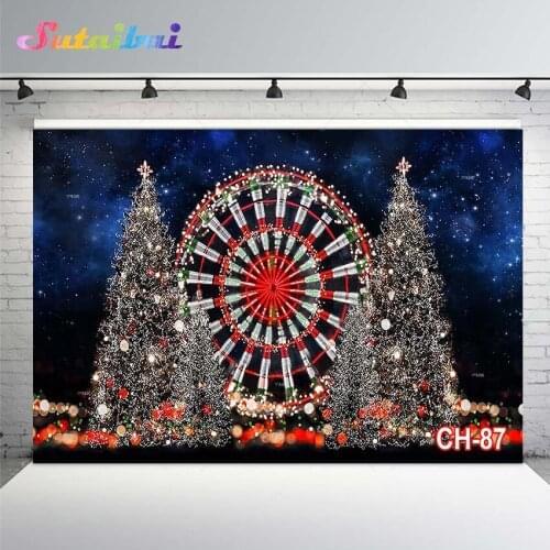 Christmas Ferris Wheel Photography Backdrop Fairy Tale Lighting Glitter Child Portrait Christmas Tree Winter Snow Background