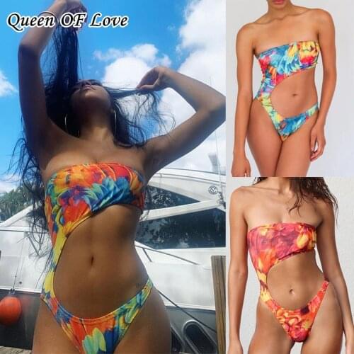 Print One Piece Swimsuit 2021 New Sexy Hollow Out Swimwear Women One Shoulder Bodysuit Backless Monokini Brazilian Bathing Suit