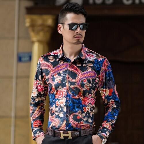 High quality mens long sleeve floral dress shirt autumn fashion pattern male gold velvet shirts free shipping