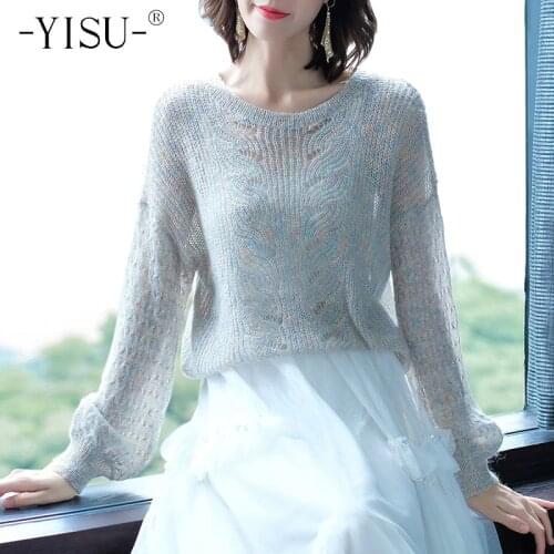 YISU Fashion Mohair Sweater women Autumn Winter New pullover Crochet jumper O neck Long sleeve Loose Soft Sweaters women