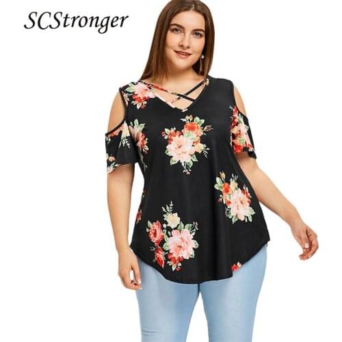 SCSTRONGER Summer Plus Size Ladies T-shirt Cross Rope V Neck Off Shoulder Short Sleeve Printed Ladies Blouse blusa feminina