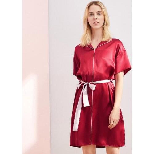 Women 100% Mulberry Silk Sleepwear Silk Nightdress Female Nighties For Summer V-neck Solid Color Silk Red Dress Nightgown