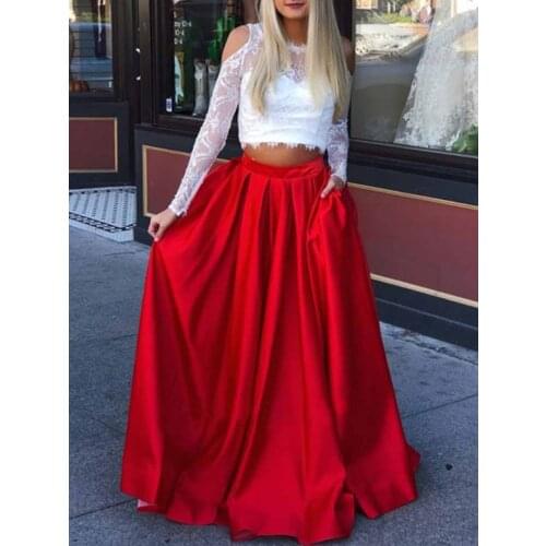 New Red Evening Gown A-Line Two Piece Prom Dress with Pockets Round Neck Open Back Black Lace Long Sleeves Prom Dresses Long