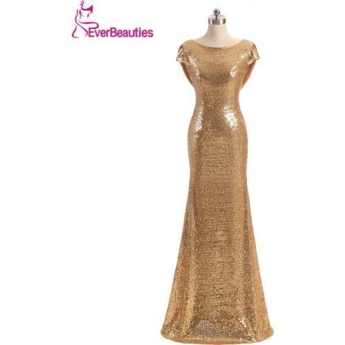 Champagne Gold Long vestido longo Sequined Short Sleeve Floor Length Bridesmaid Dress 2020 Prom Dress Wedding Party Dress