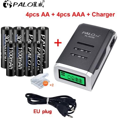 4 Slots LCD Display Smart Intelligent Battery Charger For AA AAA NiCd NiMh Rechargeable Batteries+4pcsAA and 4pcsAAA Battery