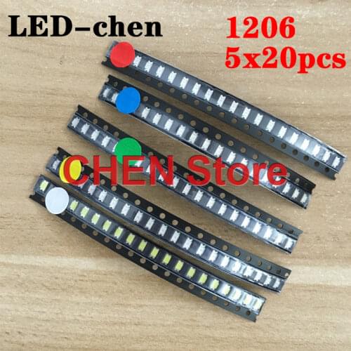 100pcs 1206 SMD LED CHIP light Package Red Green Blue Yellow White RGB 1206 led kit 5 colors x20pcs