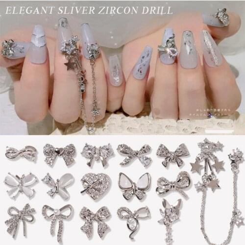 3PCS, Nail Art Zircon Pearls Jewelry Bows Butteflys Chains With Silver Alloy For Nail Tips Decorations