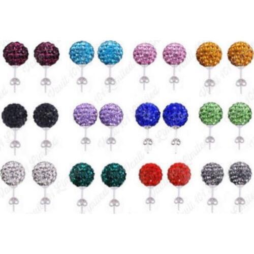 30pair/lot 10mm micro disco ball mixed white multicolor stainless steel Crystal Beads stud earrings silver plated y346