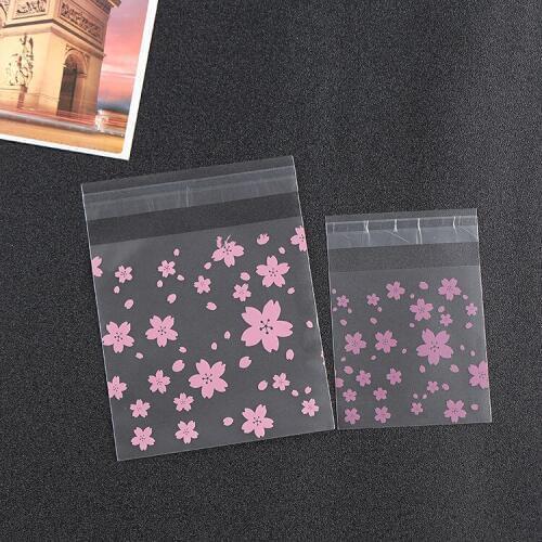 500PCS Pink Sakura Printed Plastic Packing Bag for Candy Biscuit Snack OPP Food Grade Self Adhesive Bags Cellophane Packaging