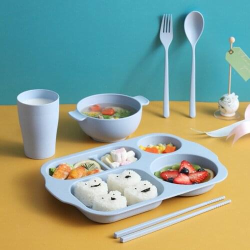 6pcs/Set Baby Cutlery Set Fish Style Wheat Straw Childrens Cutlery Set Creative Grid Plate Wholesale