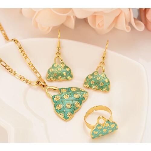 Blium bag Pendant Chain Necklaces Earrings ring Filled Gold Filled green PNG Set Papua New Guinea party gifts