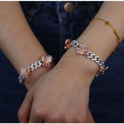 Iced out hip hop butterfly charm bracelet for women new arrived Miami Curb Cuban Link Chain bracelet bangle with cz pave jewelry