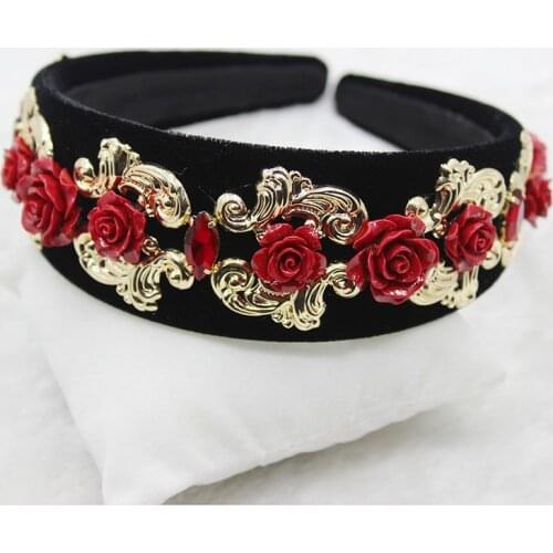 Europe Vintage Golden Hairbands Women Luxury Red ceramic flower Rhinestone Headwear Crown Hair Accessories Elegant Headband Sale