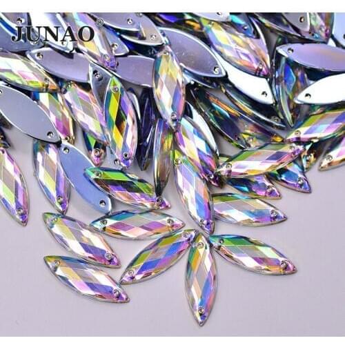JUNAO 7*21mm 8*26mm Sewing Crystal AB Horse Eye Rhinestone Flat Back Clear Acrylic Crystals Sew On Beads For DIY Clothes Crafts