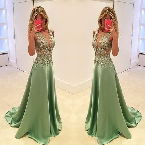 Sexy applique Lace sleeveless A Line Evening Dress Floor Length 2021Satin Prom Dress for Wedding Party robe de soirée de mariage
