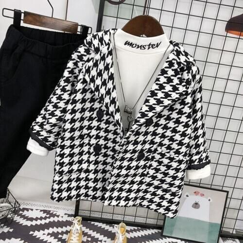 Toddler Boys Winter Coat Autumn Winter Kids Korean Houndstooth Woolen Jacket Boys Fashion Long Windbreaker Child Thick Outerwear
