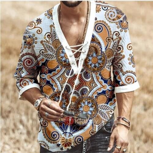 Summer Mens T-shirt Vintage National Style Printed V-Neck Lace-Up Eyelet Tee Tops Half Sleeve T Shirt For Men Clothes Plus Size