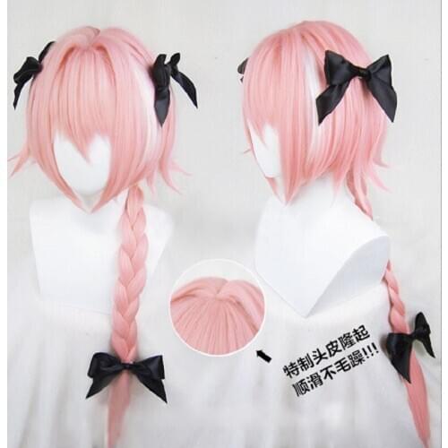 80cm Fate Apocryph Astolfo Cosplay Wig Pink Mix White Heat Resistant Synthetic Hair Perucas + 3 Black Bowknot Hairpins + wig cap