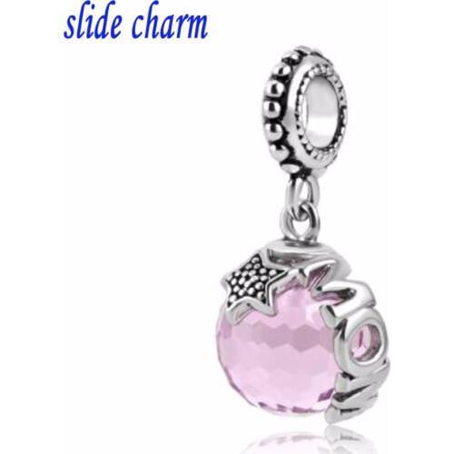 Slide charm Free shipping Mom Plated Light Rose Pink Elements Ball Stopper Beads Pendant charm beads fit Pandora bracelet