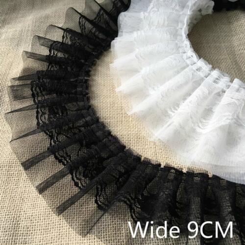 9CM Wide Luxury Pleated Chiffon Lace Applique Guipure 3D Embroidered Ribbon Ruffle Trim Edge DIY Crafts Sewing Dress Hem Decor