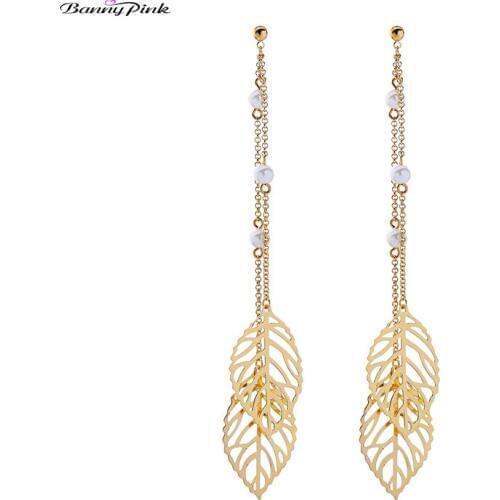 Banny Pink Elegant Double Leaves Pendant Stud Earrings For Women Gold Color Long Statement Post Earrings Party Earrings Brincos