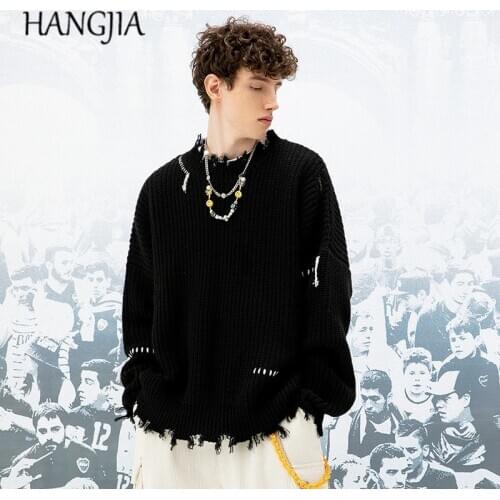 Half Turtleneck Sweater Mens Streetwear Wash Destroyed Sweater Hip Hop Tassels Ripped Knit Sweaters Oversize Pullovers Autumn