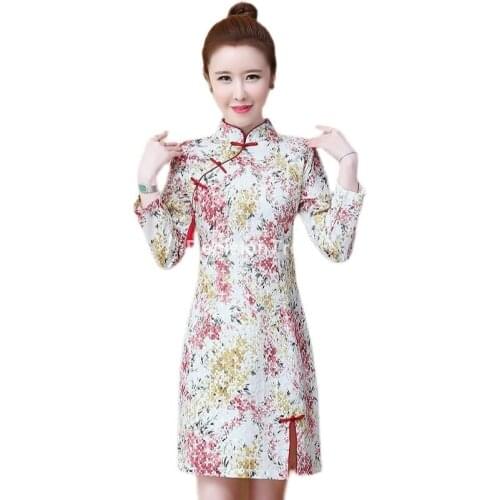 2021 chinese dress printing traditional cheongsam retro dress women elegant festival lady chiffon vestido qipao oriental dress