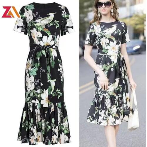 ZALady fashion designer dress summer womens elegant chic animal floral printed bodycon ruffles mermaid dress robe plus size 2XL