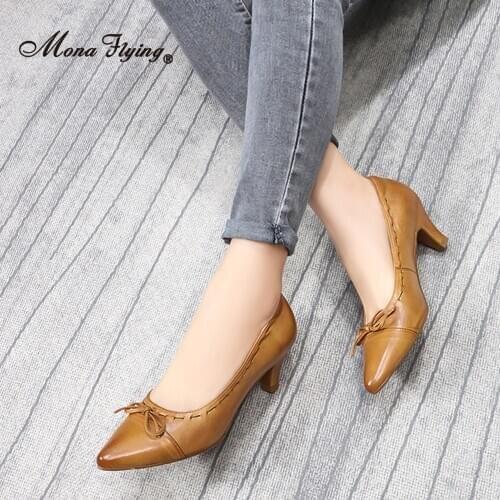 Mona Flying Women Leather Hand-made Shoes Dress Office Party Pumps Pointed Toe High Heels for Ladies 2020 New Arrival 2588-15