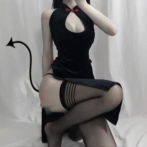 New Summer Chinese Cheongsam Retro Harajuku Sexy Dress Tight Dresses Black Vintage Hollow out Gothic Velvet Women Dress