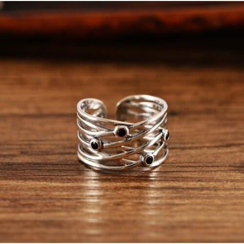 MeibaPJ Real S925 Sterling Silver Vintage Woven Wide Set Zircon Personalized Womens Open Ring Exquisite Party Jewelry