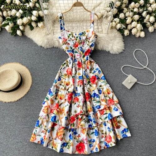 Smlinan Print Floral Vintage Ruffles Dress Women Summer Sleeveless Spaghetti Strap Backless Sexy Club Party Dresses Vestidos