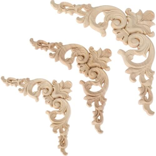 1Pc 12/15/20cm Unpainted Wooden Carved Decal Corner Woodcarving Onlay Applique Flower Furniture Cabinet Doors Mirror Decoration