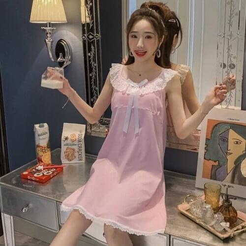 2021 Summer Sexy Lace Bow Lingerie 100% Cotton Nightgowns for Women Sleeveless Sleepwear Nightdress Home Dress Night Gown Nighty
