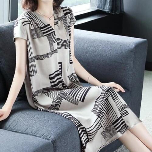 2021 Summer Faux Mulberry Silk Midi Dress Short Sleeve Vintage Plus Size Print Elegant Women Bodycon Party Dresses Vestidos X50