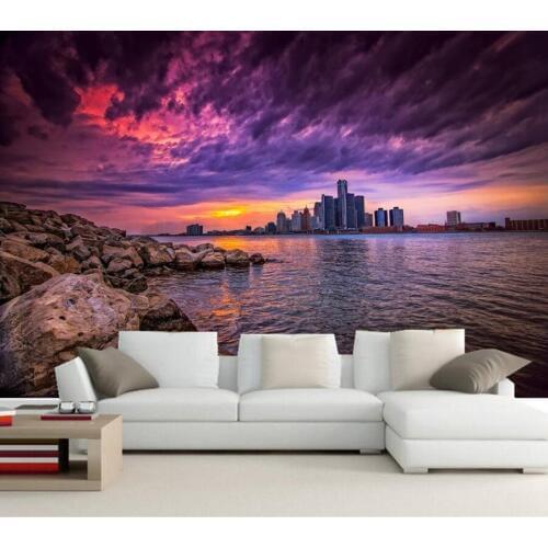 Skyscrapers Stones Sunrises and sunsets Sky Houses Rivers photo mural wallpaper,living room sofa TV wall bedroom 3d wallpaper
