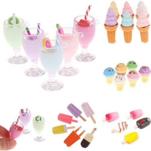 5pcs Miniature Dollhouse Cute Resin Milkshake Juice Candy Sugar ice Cream Pretend Play Food for Pretend Play Kitchen Decor Toys