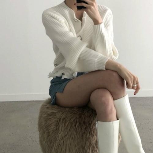 Irregular Single Breasted Cropped Cardigan Sweater Vintage Round Neck Long Sleeve Sweaters Winter Clothes Women