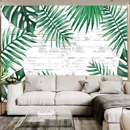 Custom large 3D wallpaper mural Nordic simple small fresh brick wall green banana leaf watercolor background wall decoration pai