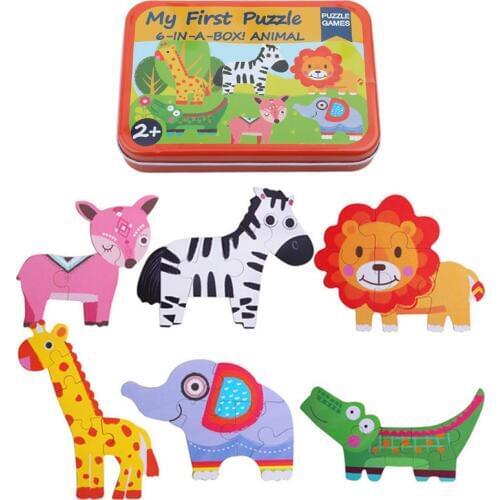 Baby Toys 6 In 1 Iron Box Cartoon Animals Wooden Puzzle For Children Montessori Early Educational Toys Gifts For Kids