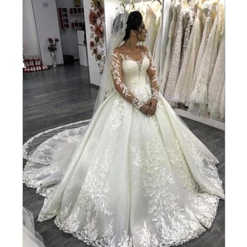 Dubai Luxury Ball Gown Wedding Dress Vestido De Noiva 2019 With Long Sleeve Lace Appliques Robe De Mariage Wedding Dresse