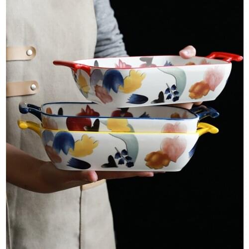 Japanese-style Art Ceramic Binaural Baking Tray Microwave Oven Dedicated Home Kitchen Baking Cheese Plate Western Food Tableware