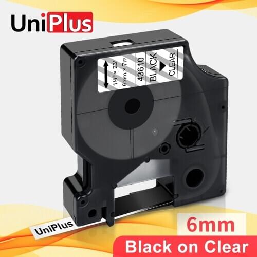 UniPlus 6mm Label Tapes for Dymo D1 43610 Black on Clear Compatible for LabelManager 160 280 210D 420P PnP Label Printer Ribbon