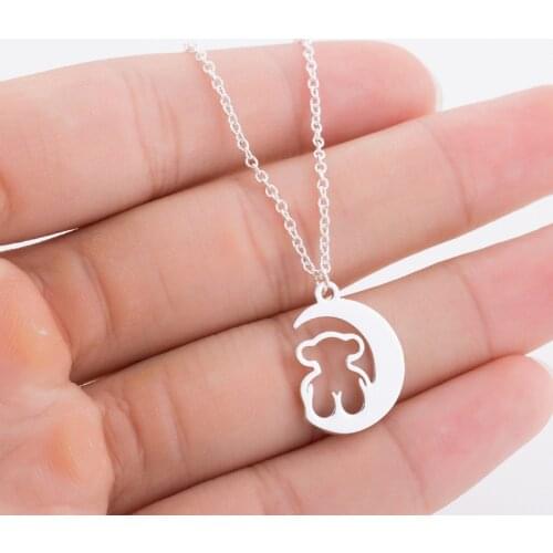 Fashion Cute Funny Minimalist Simple Bear Moon Hollow Pendant Necklaces Origami Animal jewelry For Girls Party Gift