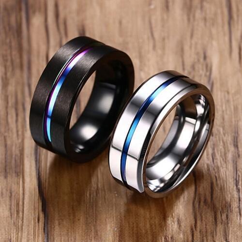Black Silver Color Stainless Steel Rings for Men Rainbow Thin Line Rings Wedding Band Male Alliance Jewelry 8mm
