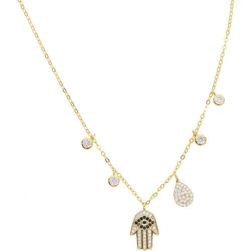 925 sterling silver charm charming necklace for women lovely cute tear drop cz dots hamsa hand charms link chain collar
