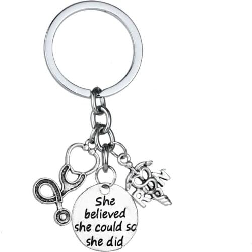 She Believed She Could So She Did Key Chains Rings Jewelry RN Charms Medical Nursing School Gifts Stethoscope Pendant Keychains