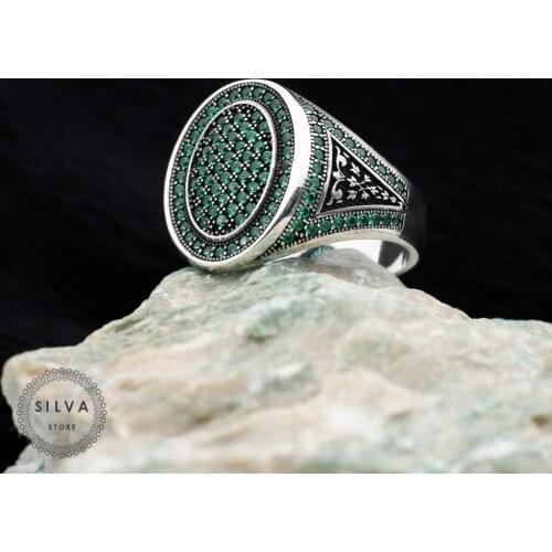Original Sterling 925 Silver Mens ring With Green Zircon Stone. Mens Jewelry All Sizes Are Available