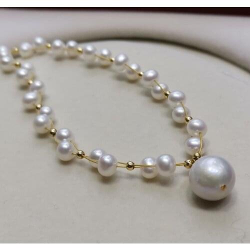 Genuine pearls choker necklace white potato and 11-12mm thick pearl pendant 14KGF